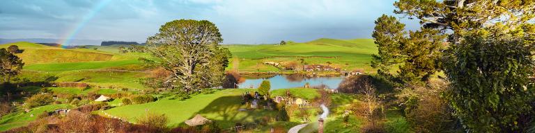 Rainbow over Hobbiton village, New Zealand - Lord of the Rings Itinerary
