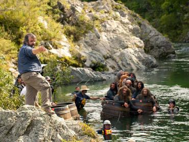 Director Peter Jackson and actors in the Pelorus River, filming the Barrell Run scene in the Hobbit - Lord of the Rings Tours NZ