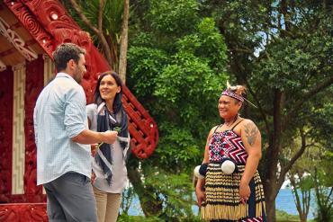 Maori guide and guests at Waitangi - Maori Culture Tour