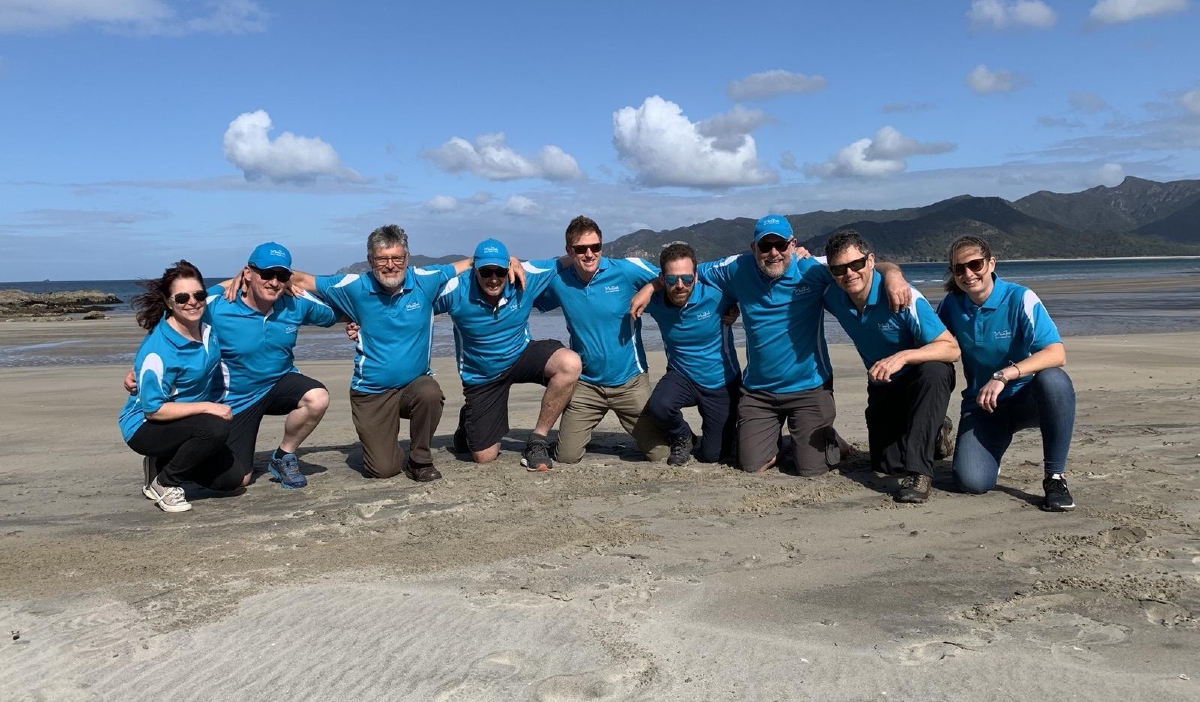 The MoaTrek Team on the beach at Aotea Great Barrier Island