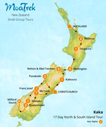 MoaTrek Kaka 17 Day Tour Map North and South Island