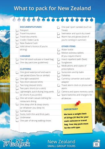 Packing list for New Zealand