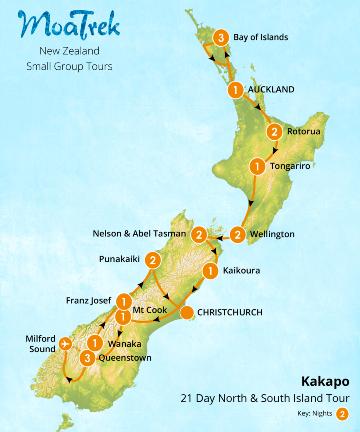 MoaTrek Kakapo 21 Day North and South Island Tour Map