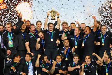 All Black team holding Rugby World Cup in 2011 - New Zealand History