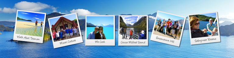Travel Map pictures - Abel Tasman, Rotorua, Mt Cook, Milford Sound and Queenstown