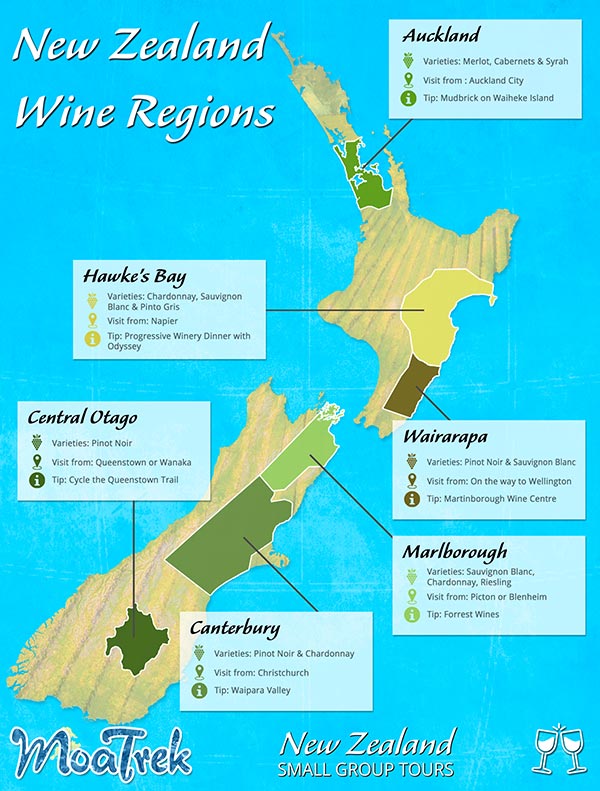 New Zealand map showing the major wine regions