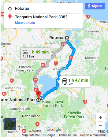 Rotorua to Tongariro National Park Google Map