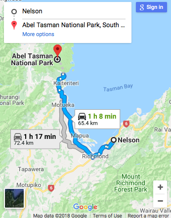 Nelson to Abel Tasman National Park Google Map