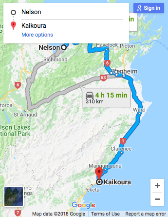 Nelson to Kaikoura Google Map