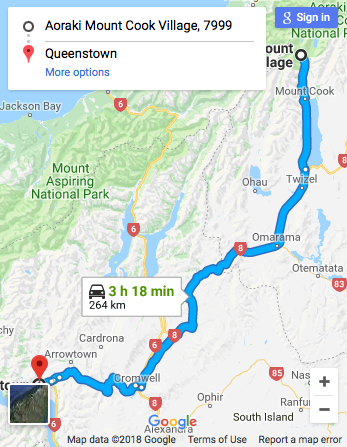 Aoraki Mt Cook to Queenstown Google Map